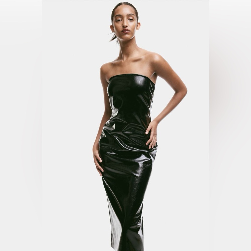 H&M Black Strapless Faux-Leather Midi Dress